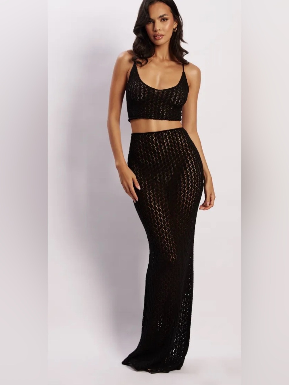 MESHKI - Rosella Knit Crochet Coverup Maxi Skirt Black Size L